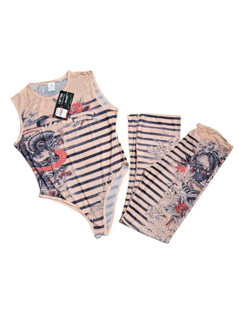 NWT | Sheer Tattoo Print Sleeveless Bodysuit & Striped Pants Set | XL - Picture 2 of 8
